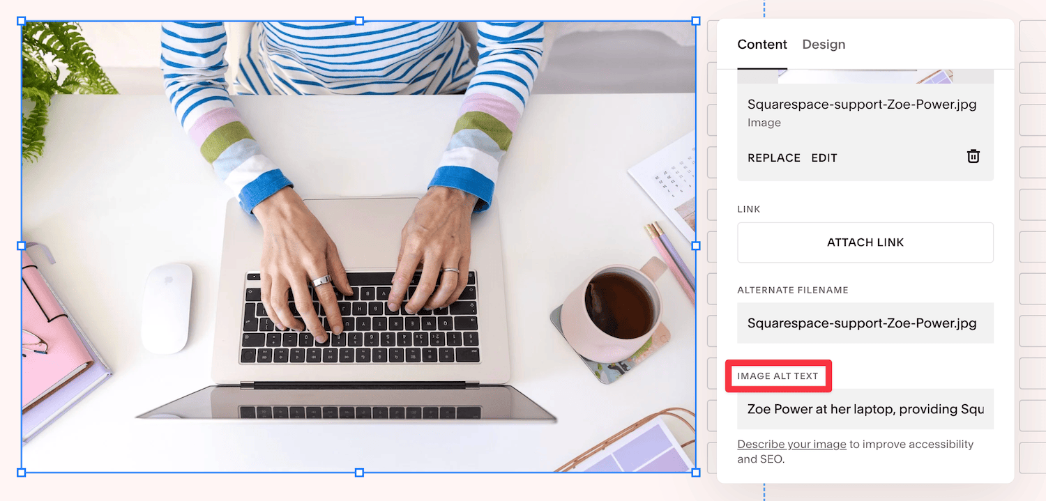 Screenshot showing how to enter Alt text for an image on Squarespace 7.1