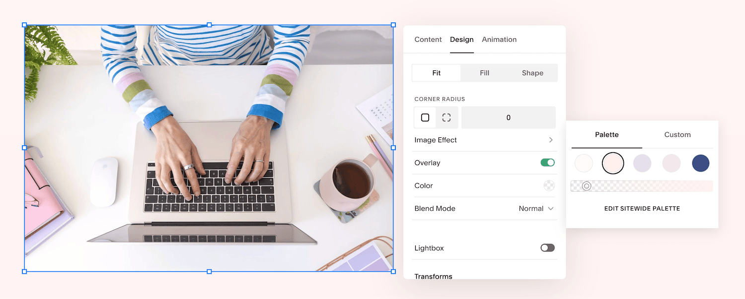 Screenshot showing how to add a colour overlay to an image in Squarespace