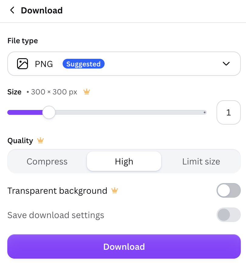 Canva screenshot, showing the Download options where you choose file type (.png) and quality (high) and can opt to download with a transparent background