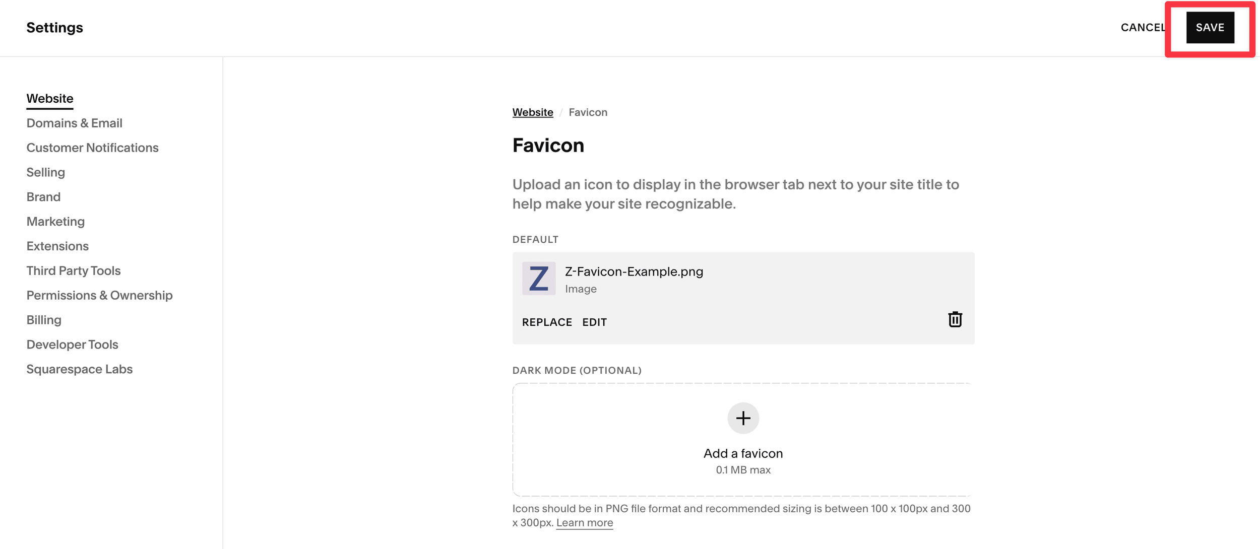 Squarespace screenshot, showing how to save your favicon, in the settings