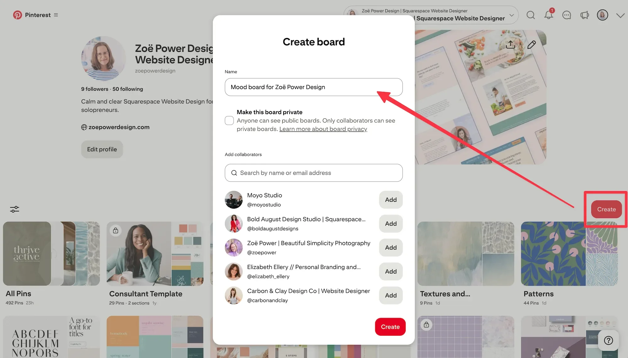 Screenshot showing how to create a board on Pinterest