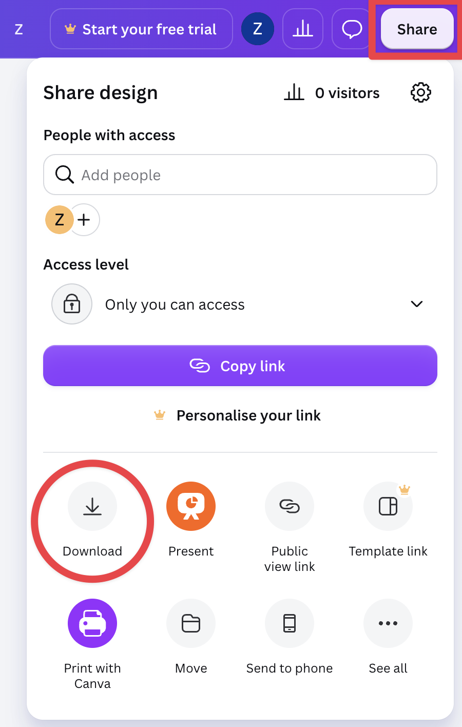 Canva screenshot, showing the Share menu, where you can see the Download option