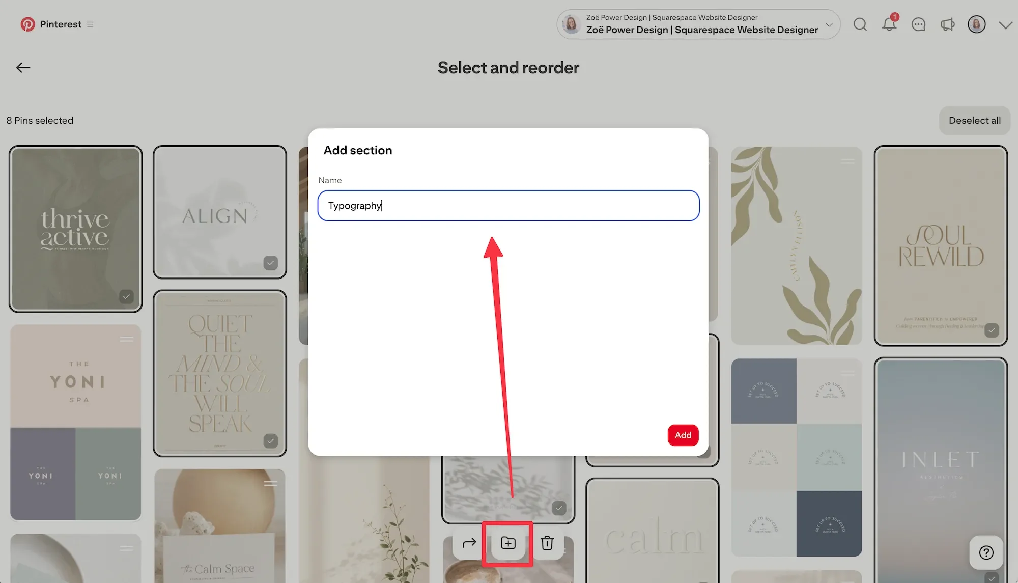 How to create a section in a Pinterest board (screenshot)