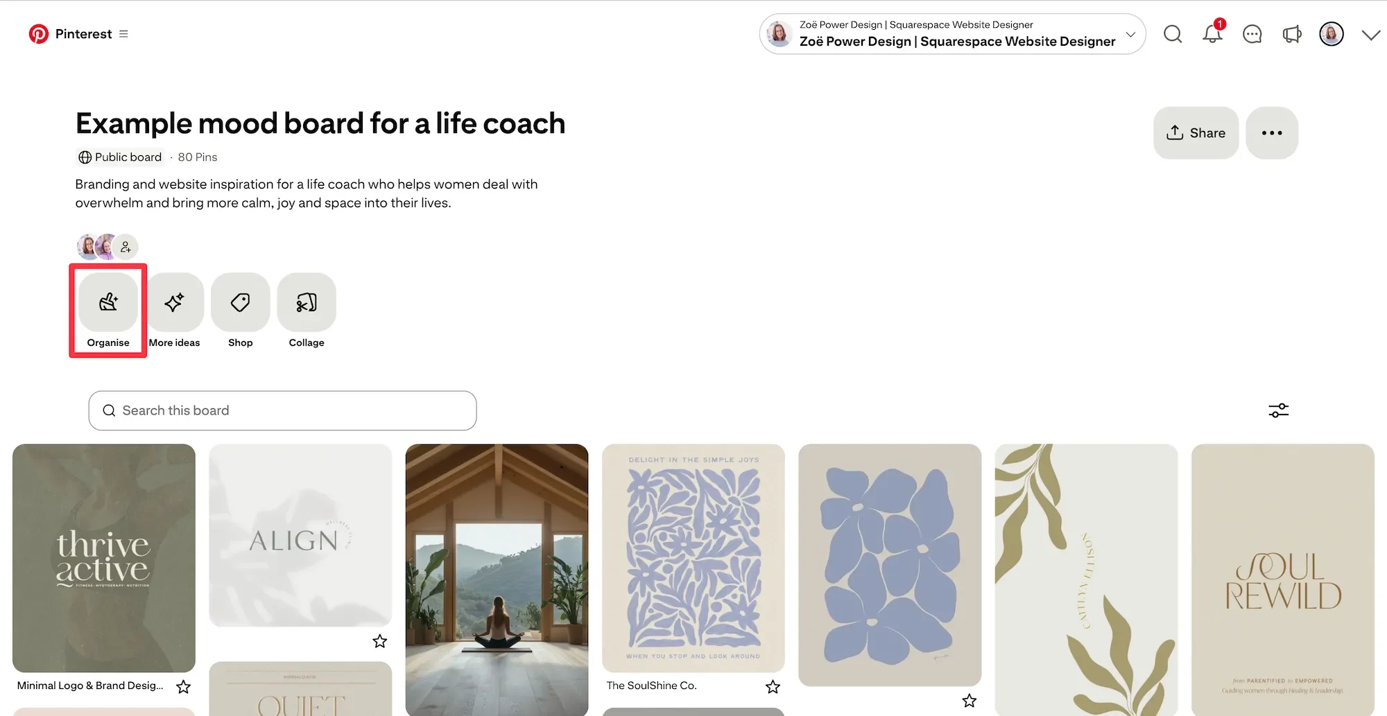 Screenshot showing how to organise your Pinterest board into sections