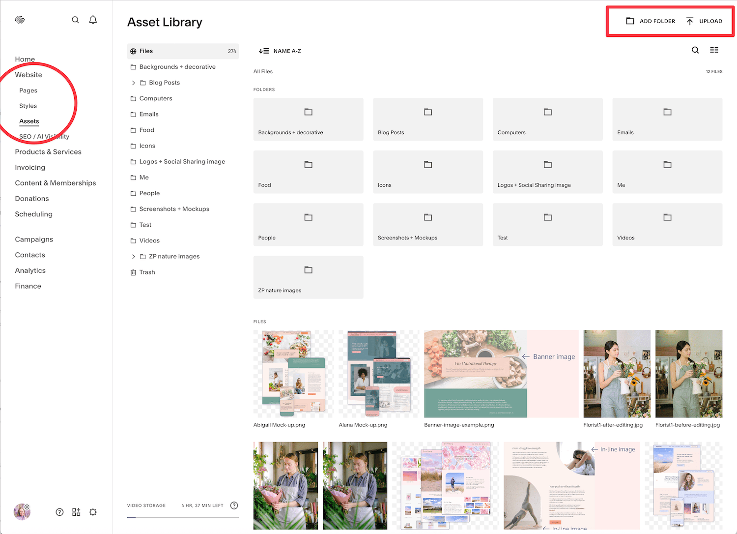 Screenshot of the Asset Library in Squarespace showing folders for organising images