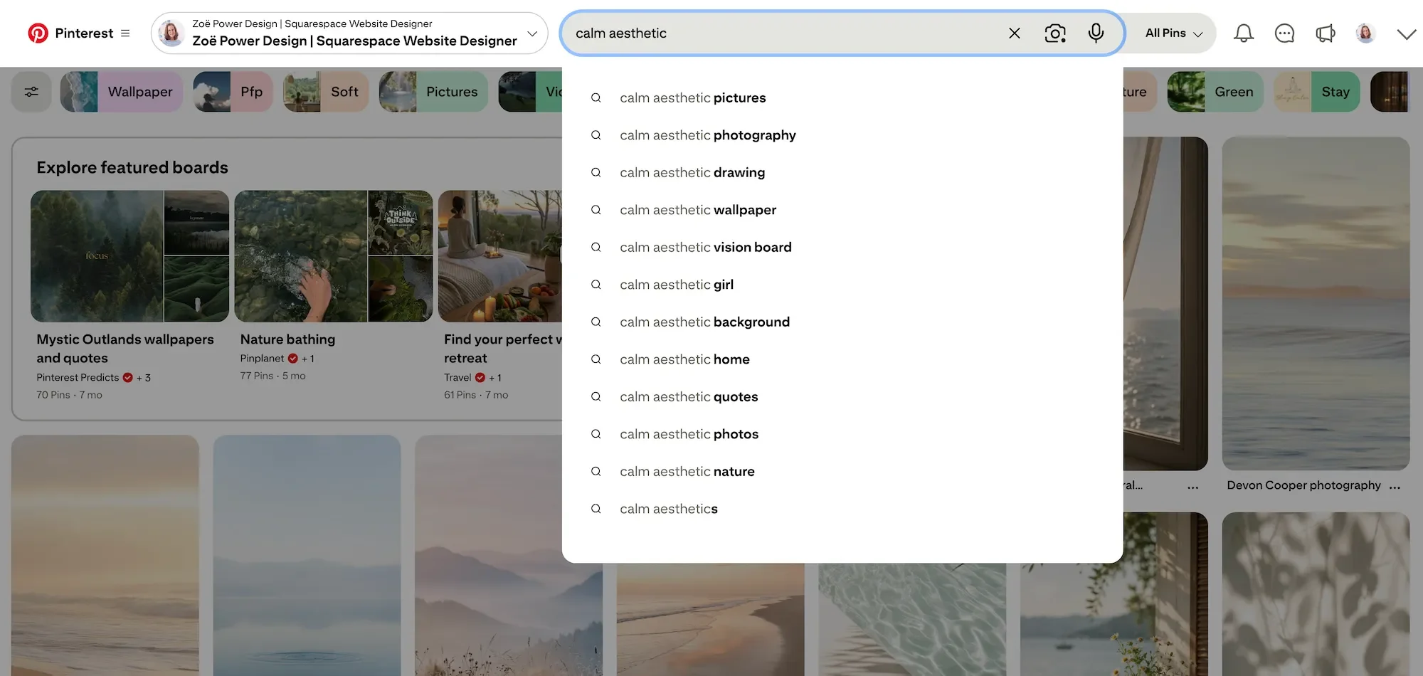 How to use the drop down list of related search terms from the search bar in Pinterest (screenshot)