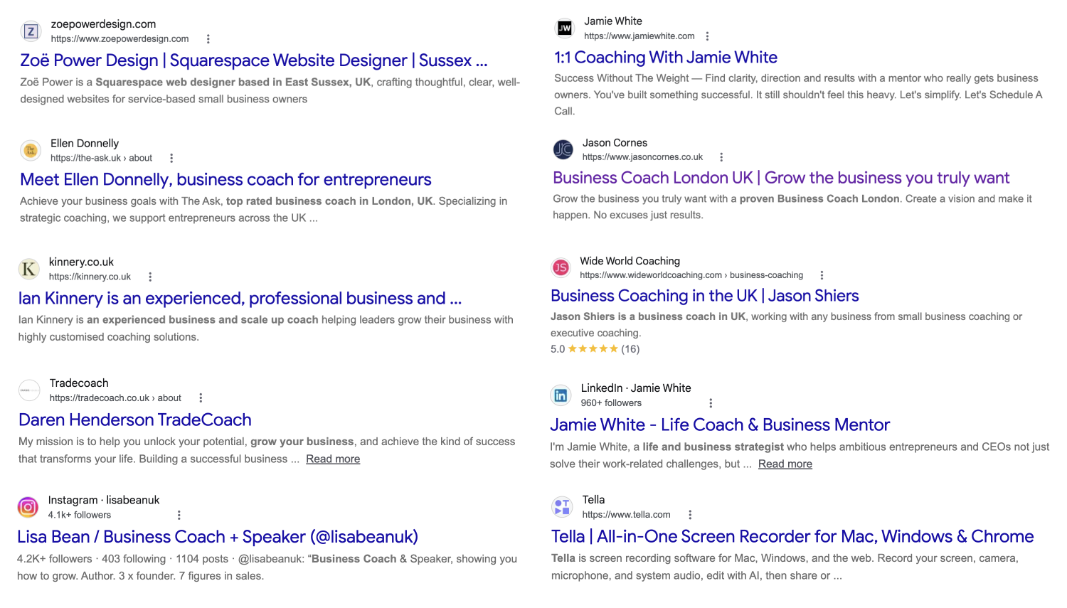 Examples of Favicons in Google Search results