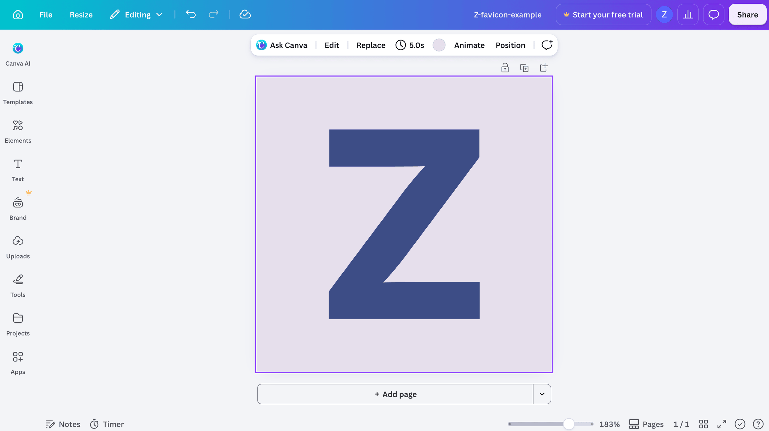 Canva screenshot, showing how to create a simple favicon with the letter Z in a large bold font