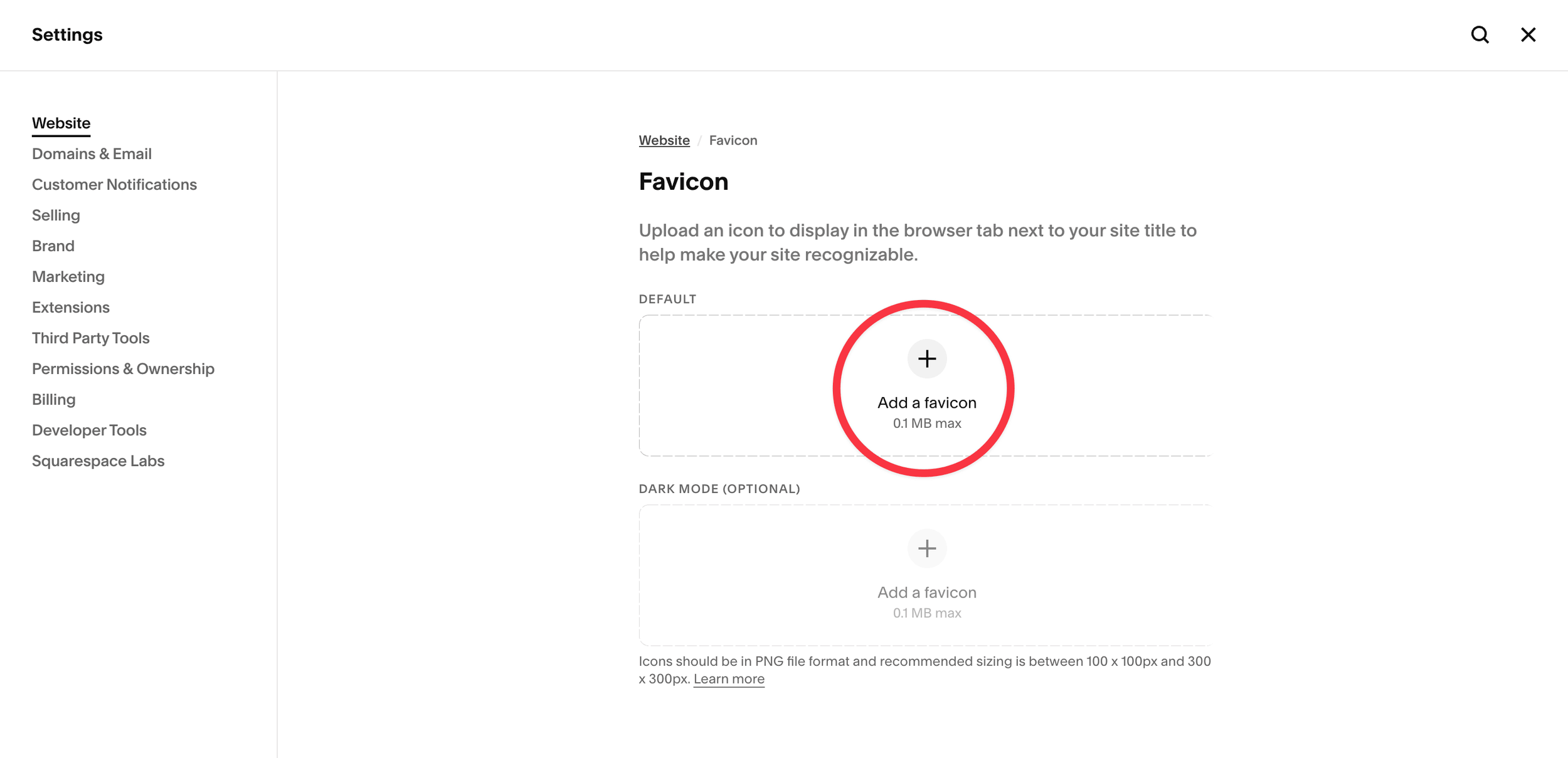 Squarespace screenshot, showing how to add a Favicon in the settings