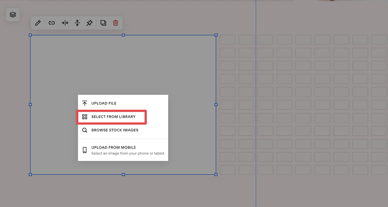 Screenshot showing how to add an image to Squarespace from the Asset Library