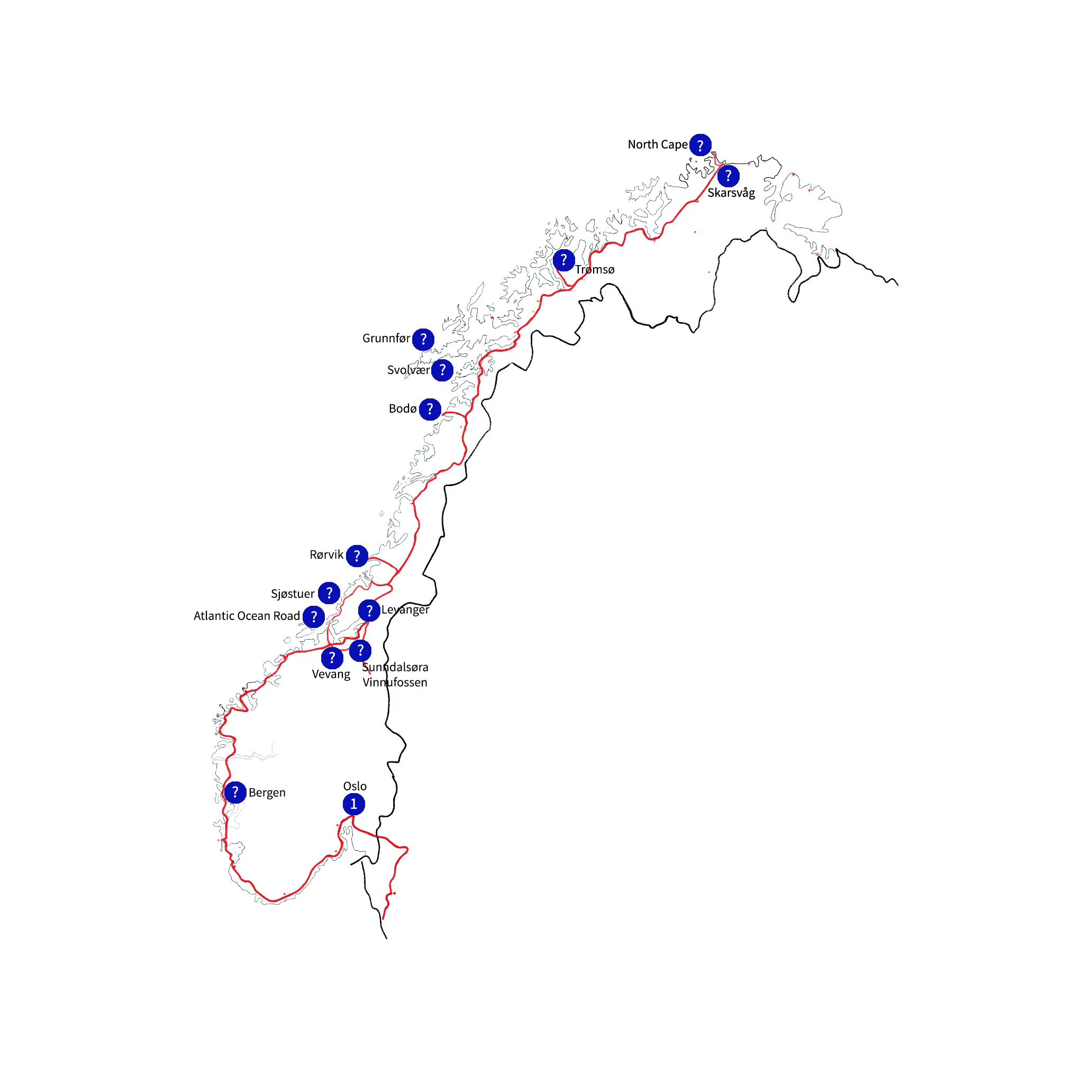 Map of Norway with labeled locations and a red route line, showing various cities and regions including Oslo, Bergen, Trondheim, and North Cape, with blue question mark icons indicating points of interest or questions.