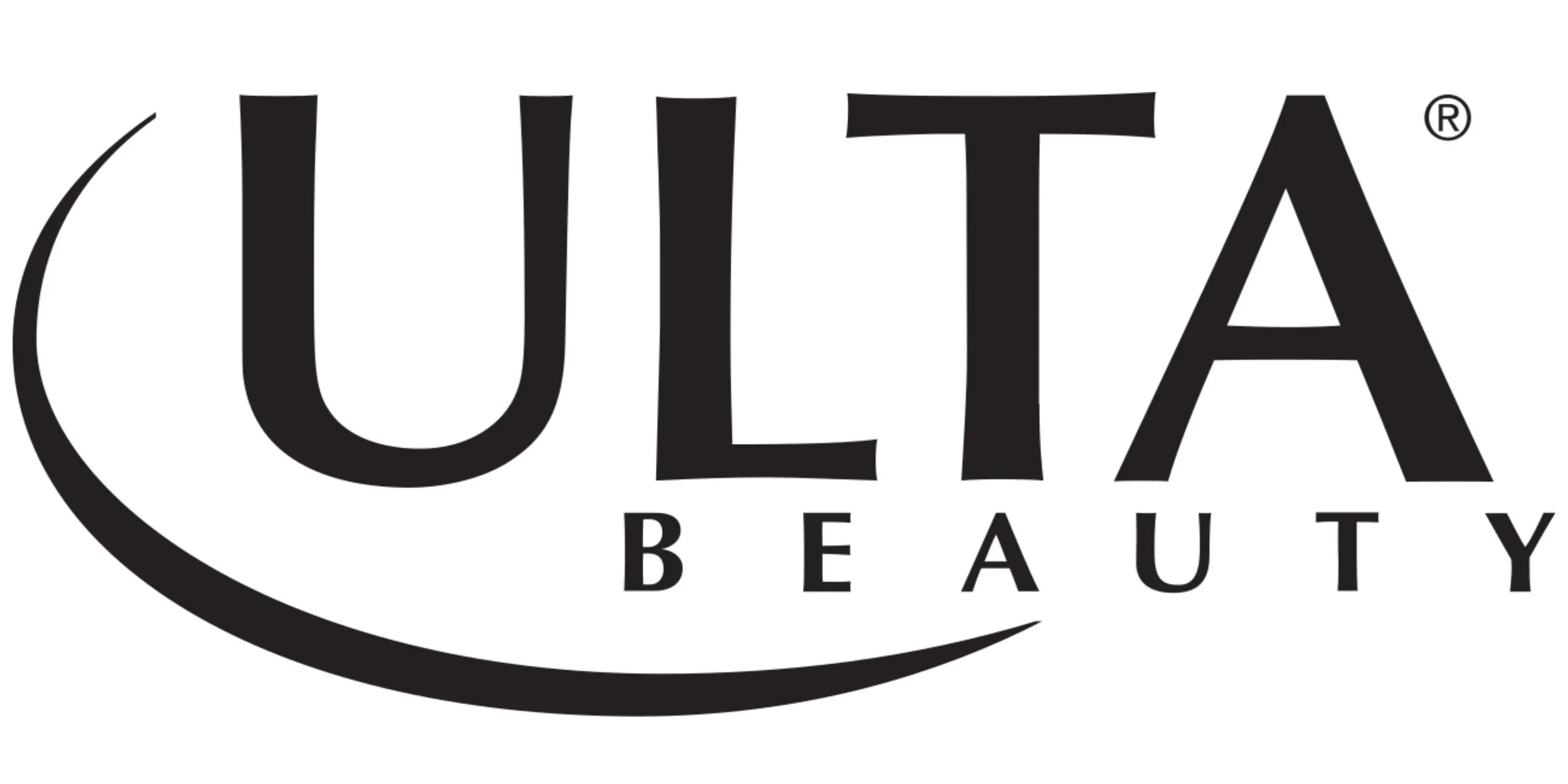 Ulta Beauty logo featuring bold uppercase ULTA with smaller spaced uppercase BEAUTY below, framed by a sweeping curved line and a registered trademark symbol near the top right.