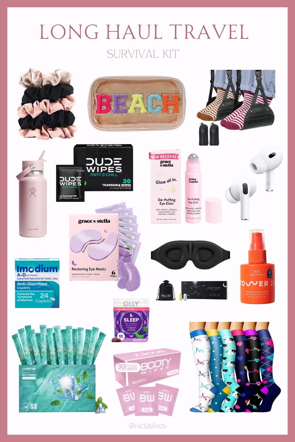 Long haul travel survival kit featuring essentials like Hydro Flask, Dude Wipes, Grace & Stella eye masks, compression socks, and travel-friendly toiletries on a pink background.