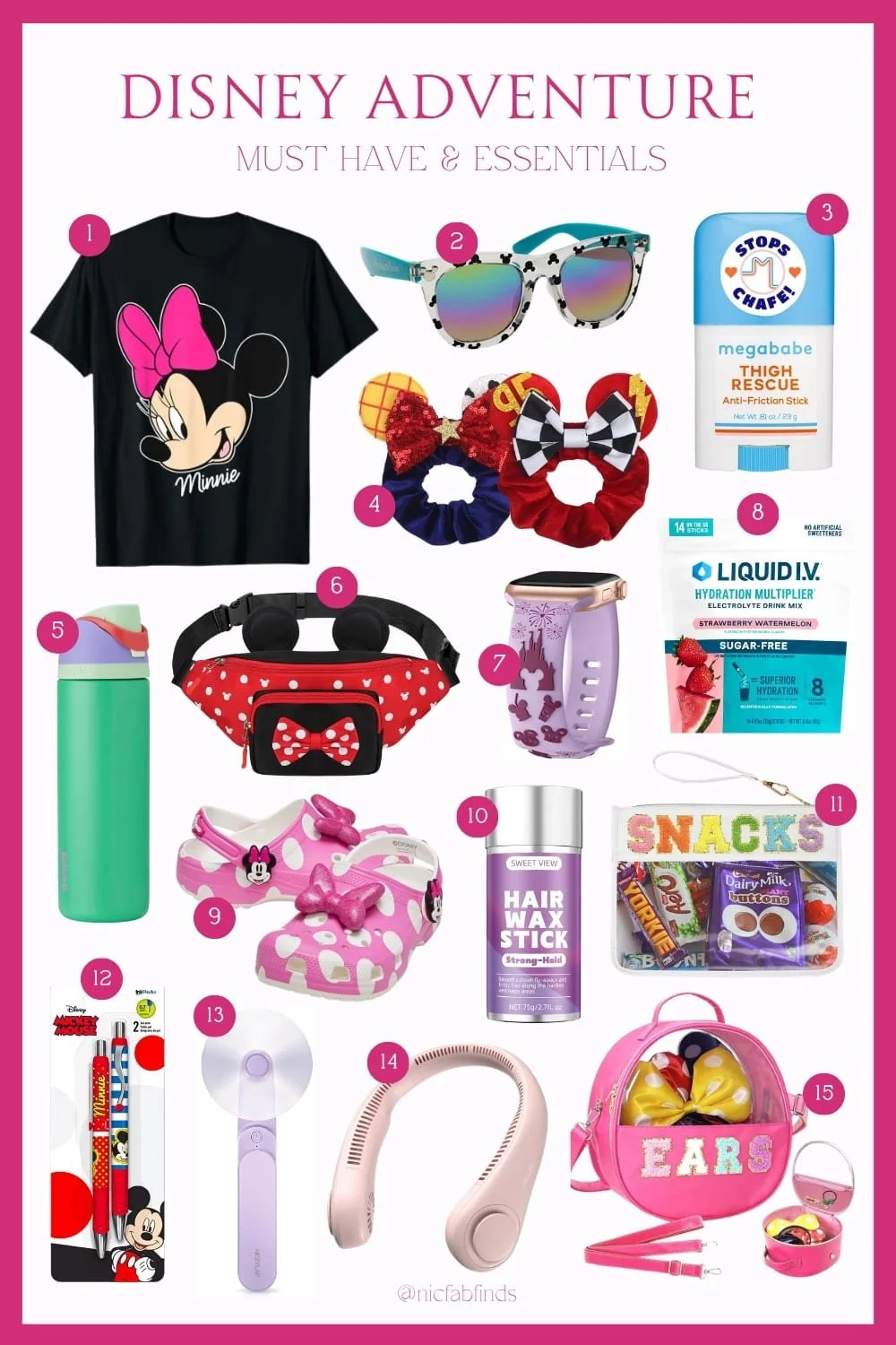 Disney adventure essentials graphic featuring park must-haves like Minnie shirt, water bottle, belt bag, fans, and themed accessories