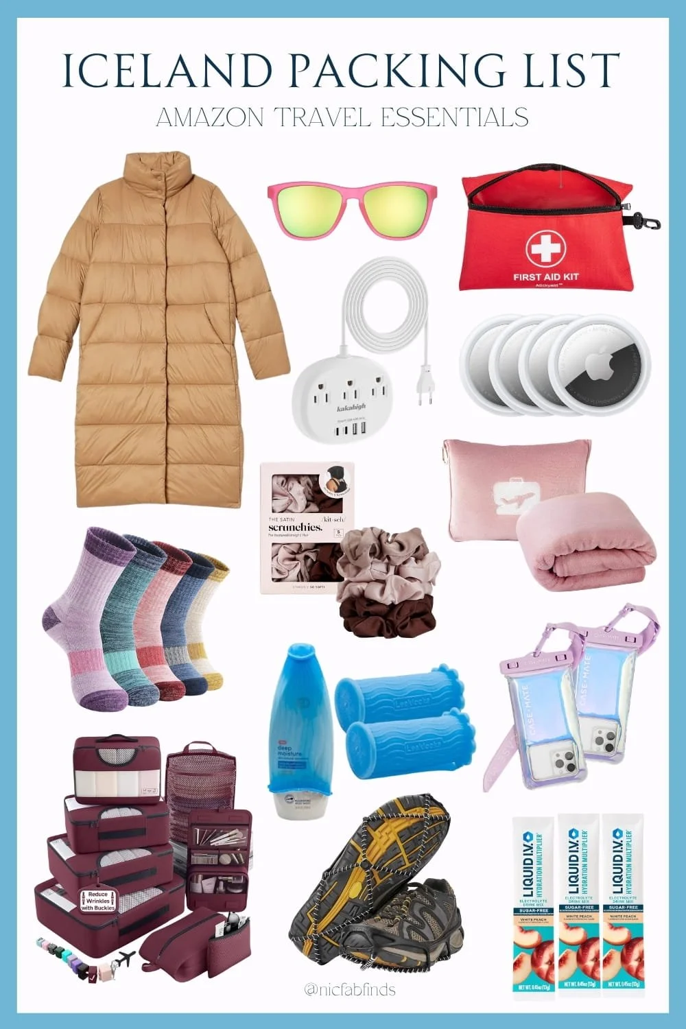 My Iceland adventure was so much easier with this survival kit—warm puffer coat, cozy blanket pillow set, wool socks, hydration packs, and even AirTags for peace of mind. These Amazon finds kept me comfortable, prepared, and stress‑free in the cold.