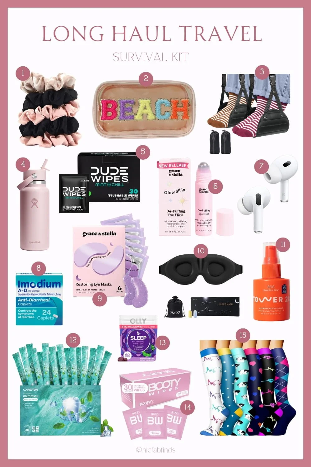 Long haul travel survival kit featuring 15 essential products, including scrunchies, Hydro Flask, Dude Wipes, Grace & Stella eye elixir, Imodium, Tower 28 SOS spray, Olly melatonin gummies, and compression socks, arranged on a pink background.