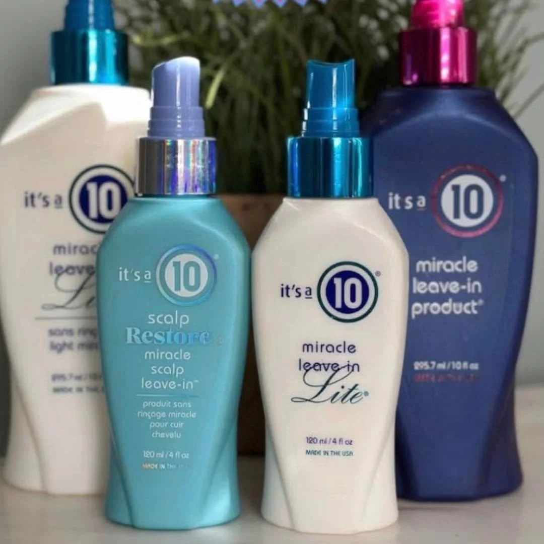 A collection of It's a 10 haircare products featuring Miracle Leave-In treatments, including Scalp Restore, Lite, and the classic formula, designed for nourishing and restoring hair.