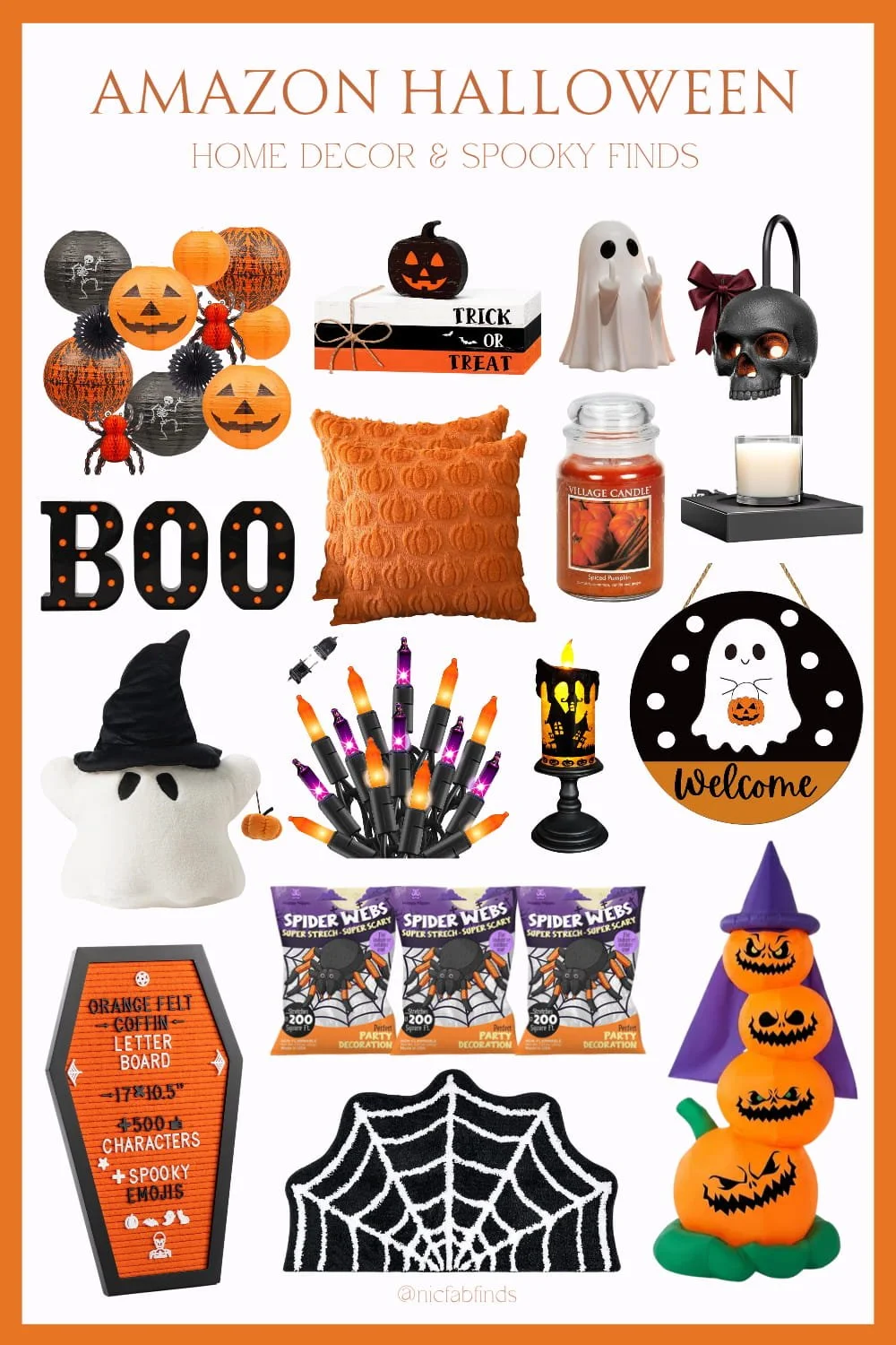 This Amazon Halloween home decor graphic showcases a festive collection of spooky essentials, including hanging paper lanterns, "TRICK OR TREAT" stack decor, a ghost figurine, a skull candle warmer, lit "BOO" letters, textured pumpkin pillows, spiced