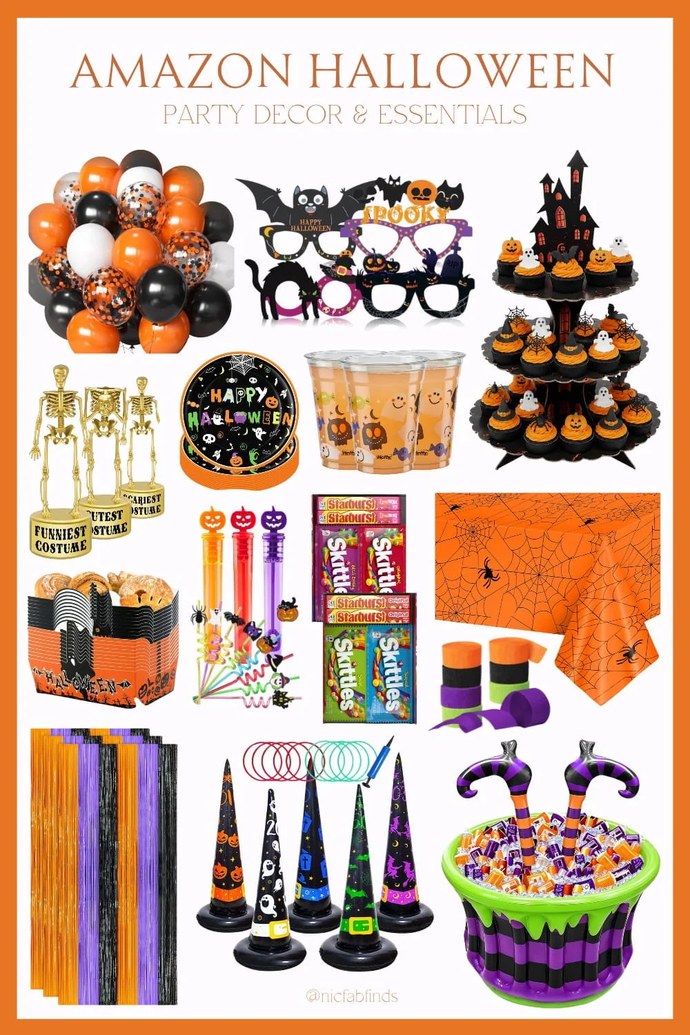 This Amazon Halloween party decor graphic showcases a festive collection of spooky celebration essentials, including a balloon arch kit, novelty party glasses, a 3-tier cupcake stand, mini trophy awards, "Happy Halloween" plates, festive cups, candy/