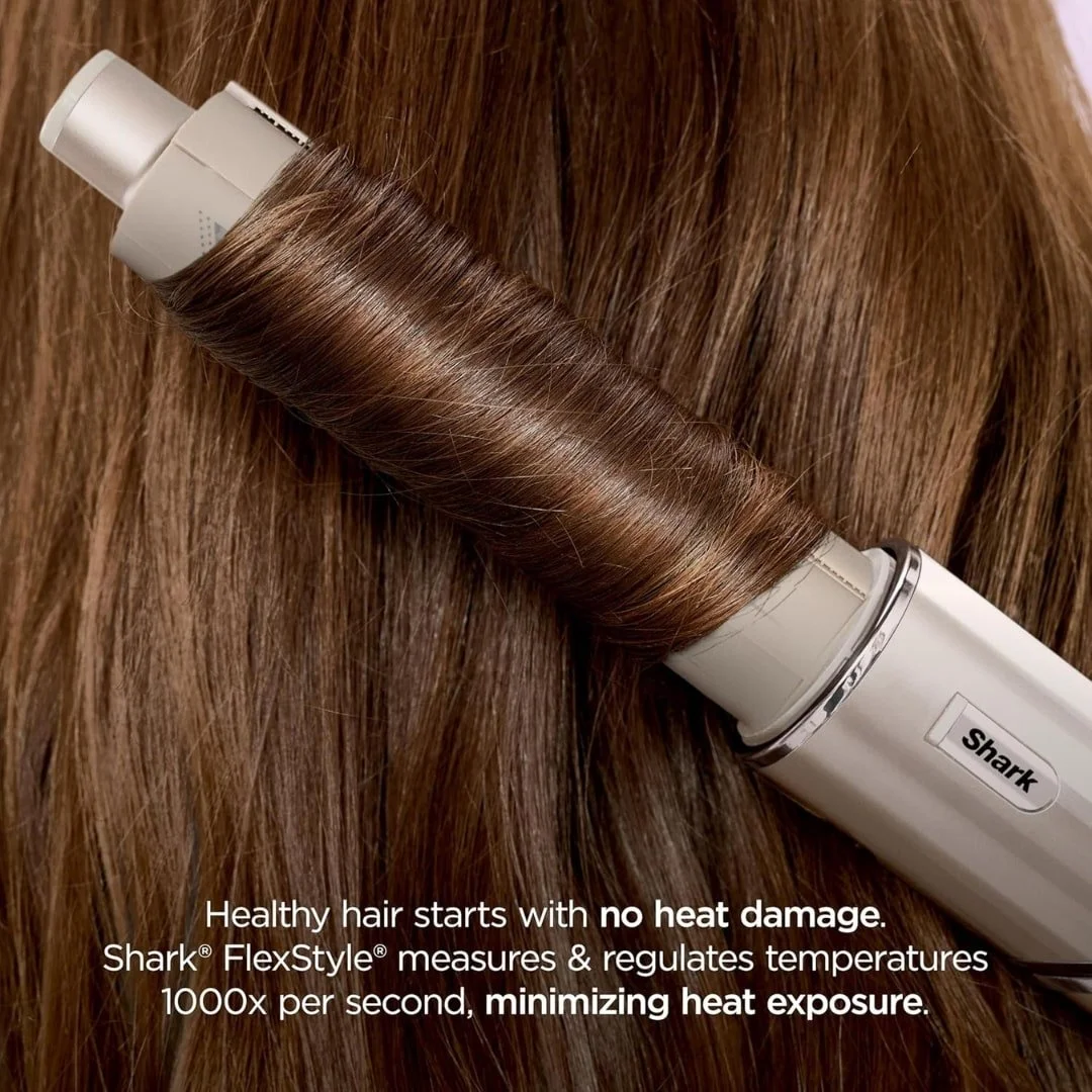 Shark FlexStyle hair styling tool curling brown hair, showcasing no heat damage technology with temperature regulation 1000 times per second for healthy, shiny curls.