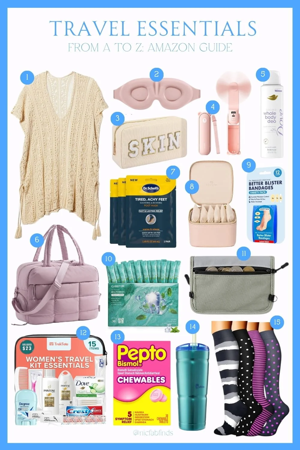 Travel packing essentials checklist featuring a sleep mask, skincare bag, travel fan, duffel bag, jewelry case, toiletries, tumbler, and compression socks.