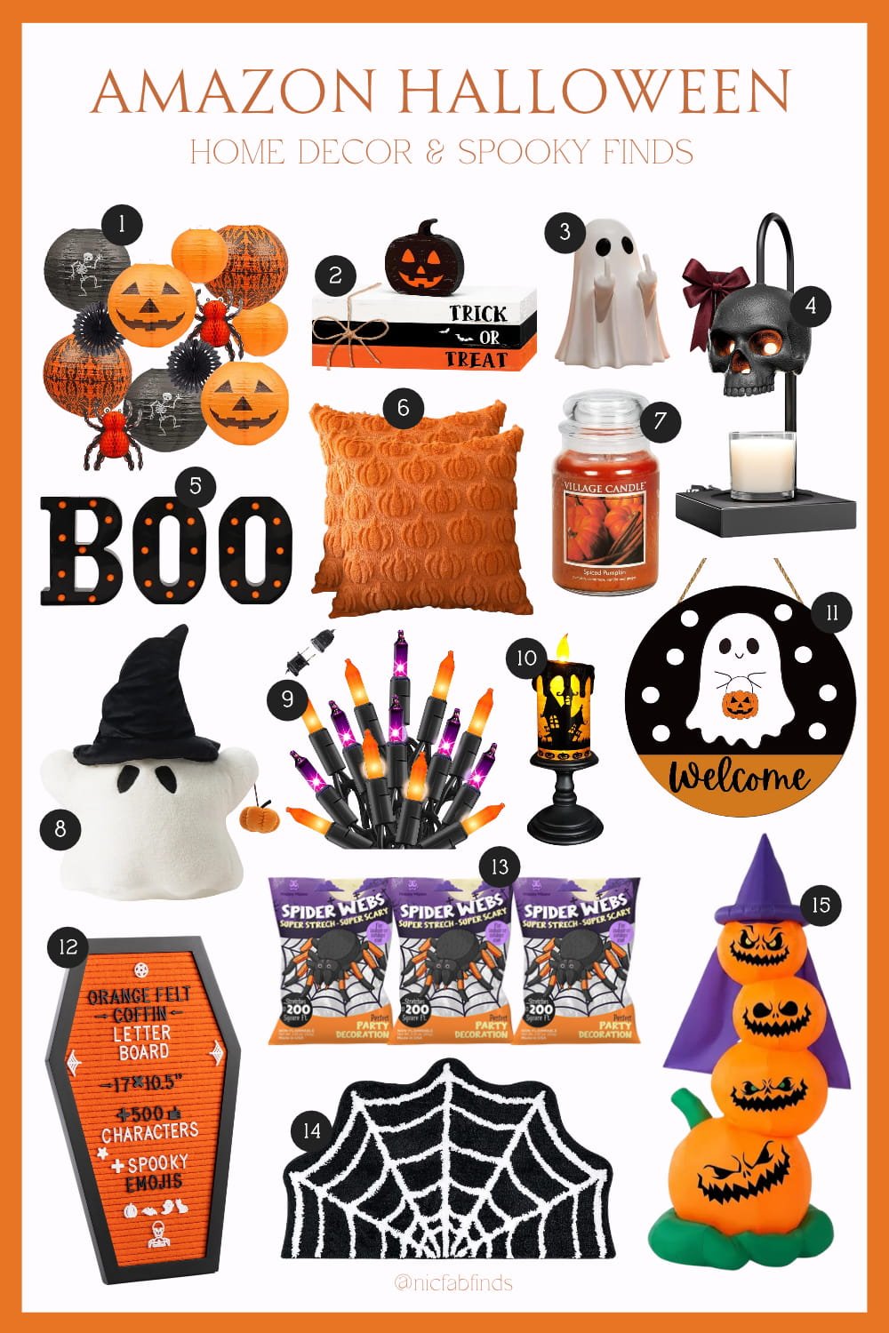 Product collage featuring 15 Amazon Halloween home decor finds including lanterns, pillows, candles, ghost decor, signs, and pumpkin decorations