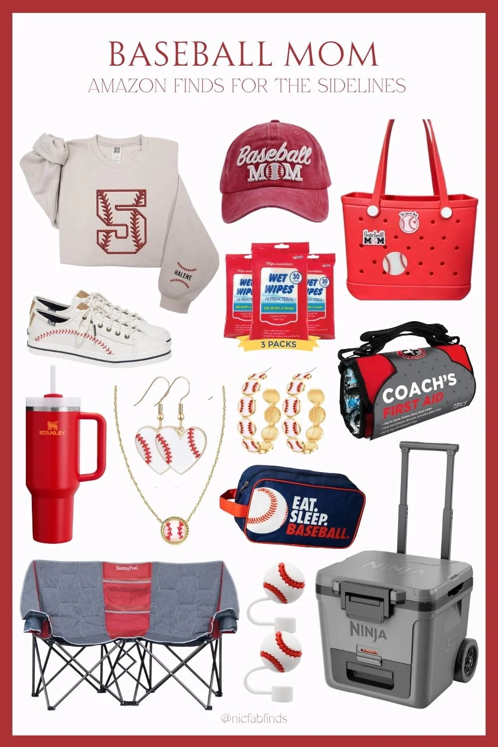 Cute and practical Amazon finds for baseball moms, including baseball-themed outfits and accessories, bags, a tumbler, wet wipes, a first-aid kit, portable seating, and a rolling cooler—everything you may need for a comfortable and organized game day