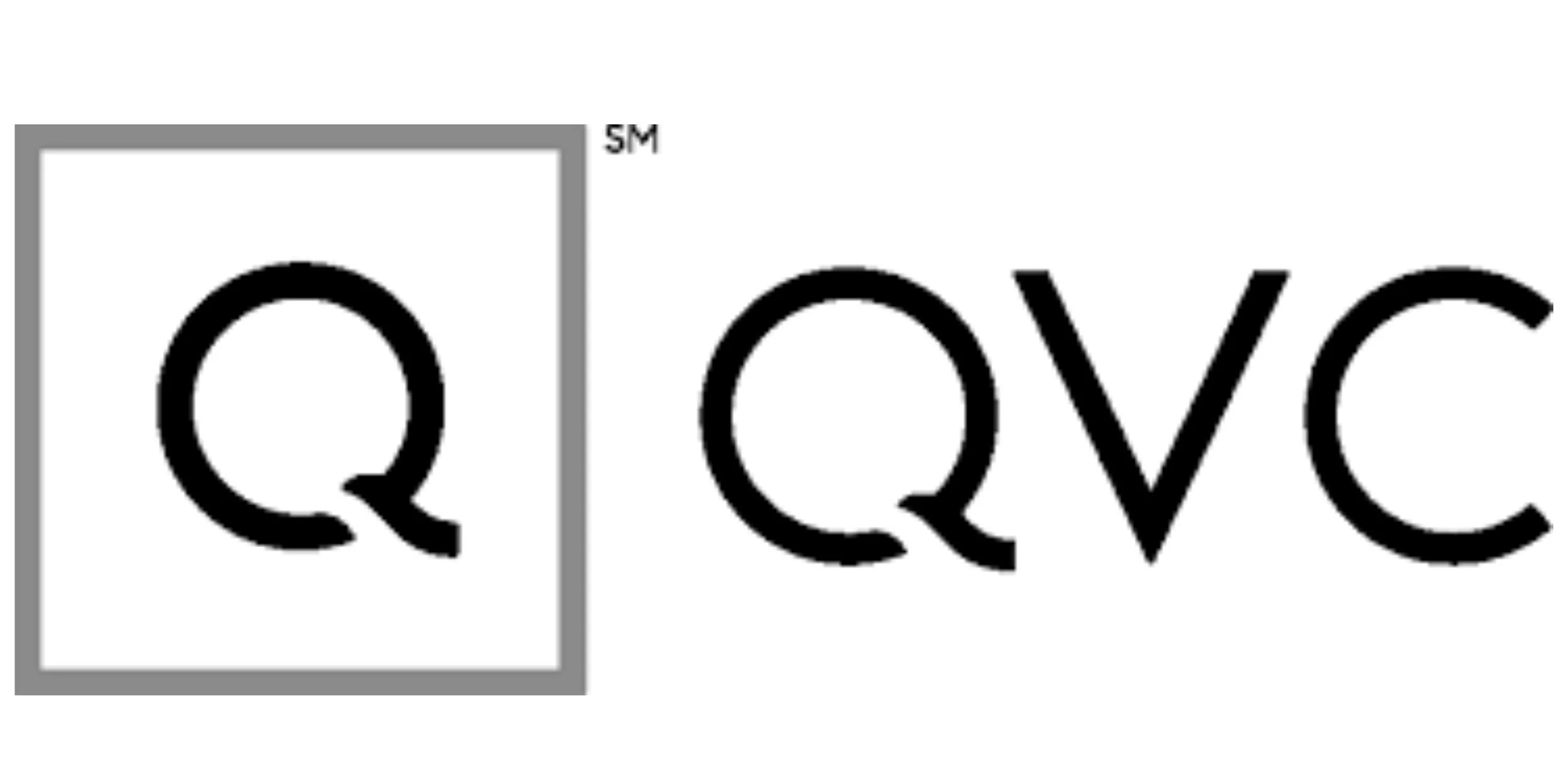 QVC logo featuring a stylized black Q inside a gray square with a small SM service mark above it, alongside the bold black text QVC in a modern sans-serif font, all set against a white background.