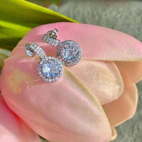 Silver stud earrings with sparkling gemstones, featuring a central stone surrounded by a halo of smaller stones, resting on a soft pink flower petal with a blurred green background.