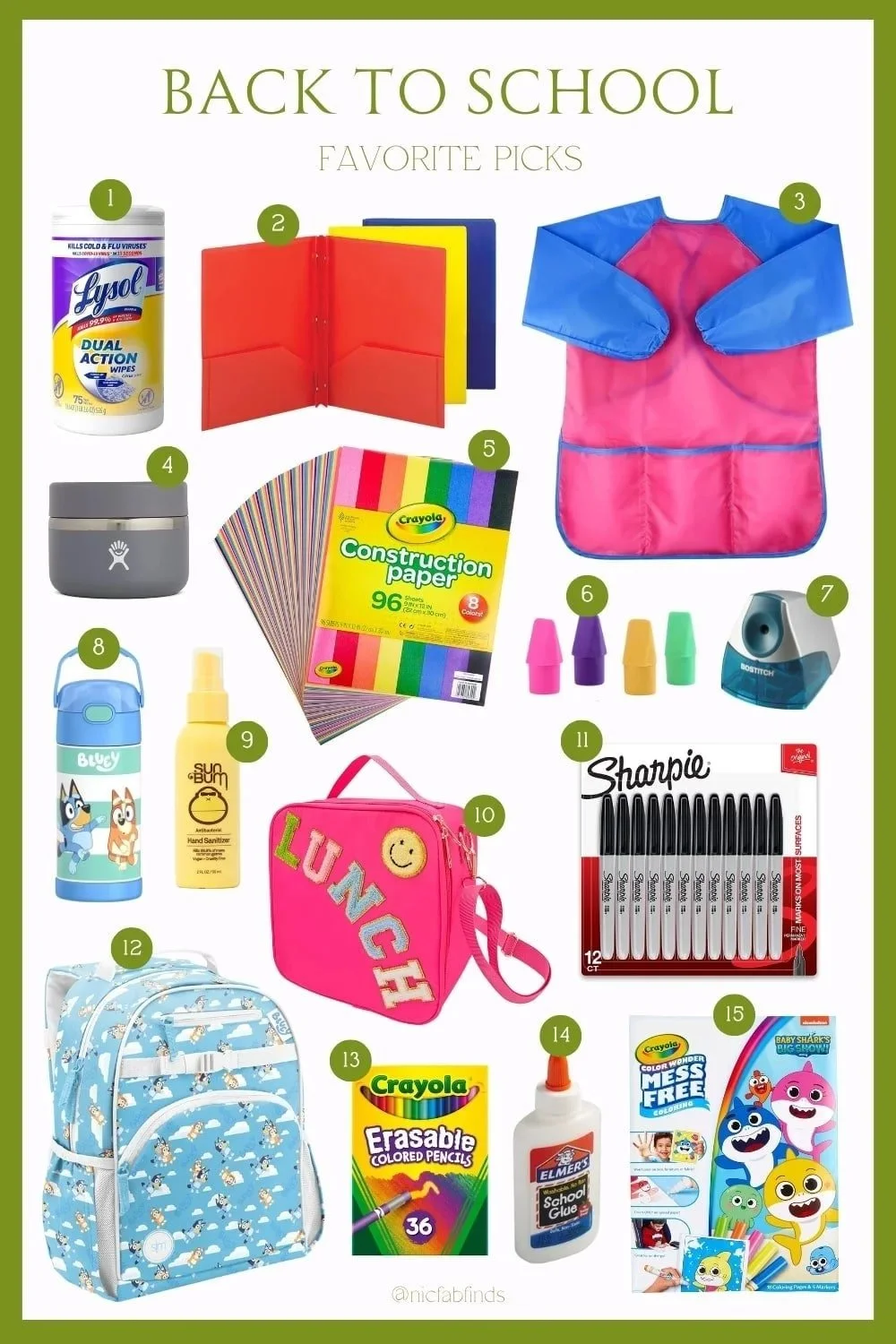 "A collection of back-to-school items for kids, featuring Baby Shark coloring pages, Bluey backpack, and Crayola construction paper.