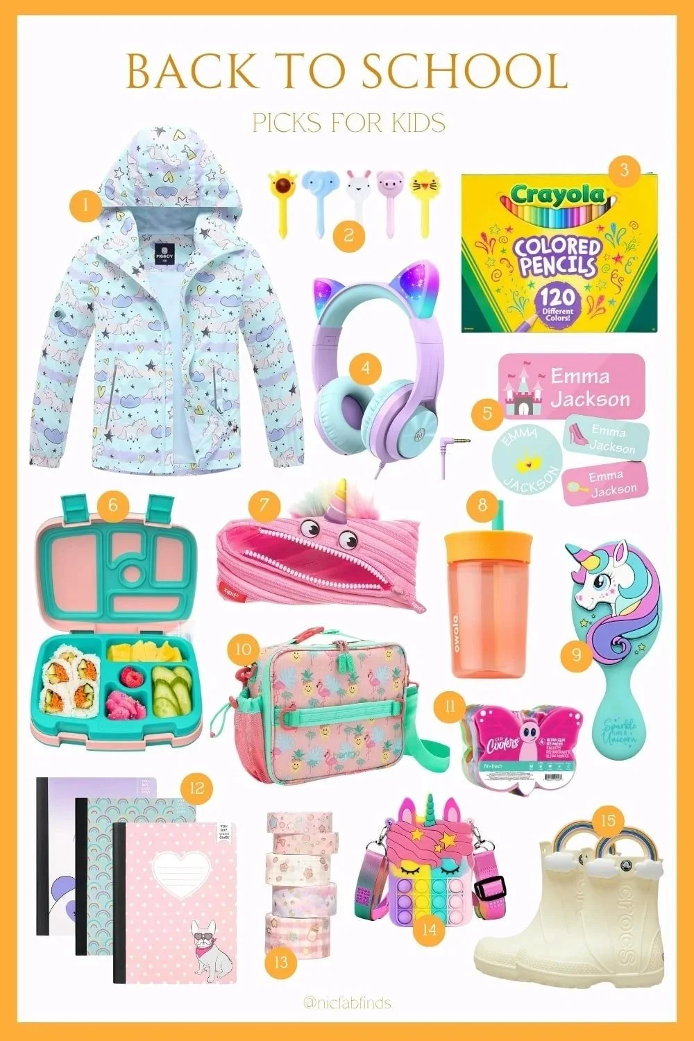 Back to school picks for kids featuring colorful items like a unicorn rain jacket, Crayola pencils, bento lunch box, and personalized labels.