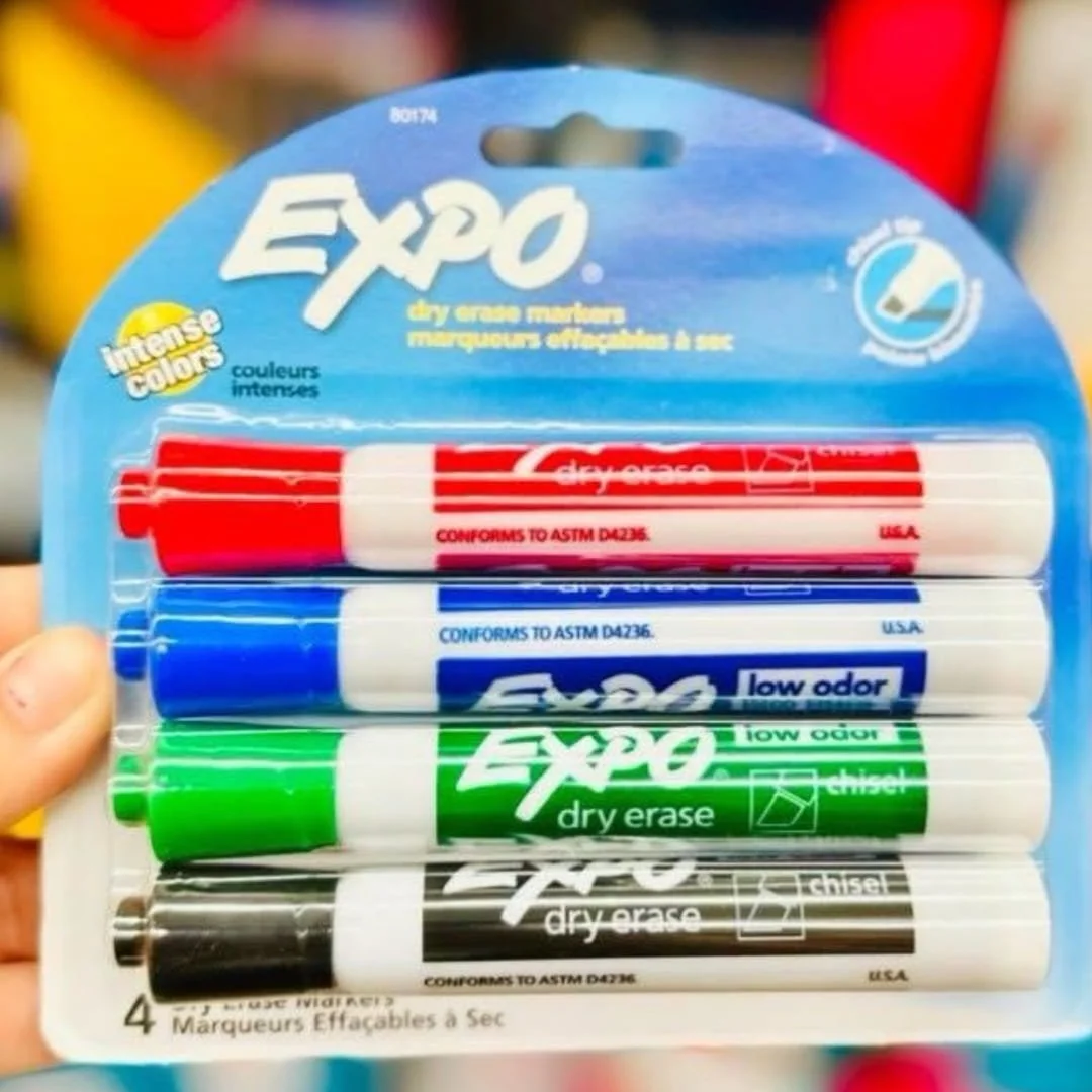 EXPO dry erase markers 4 pack with red, blue, green, and black chisel tip markers in retail packaging