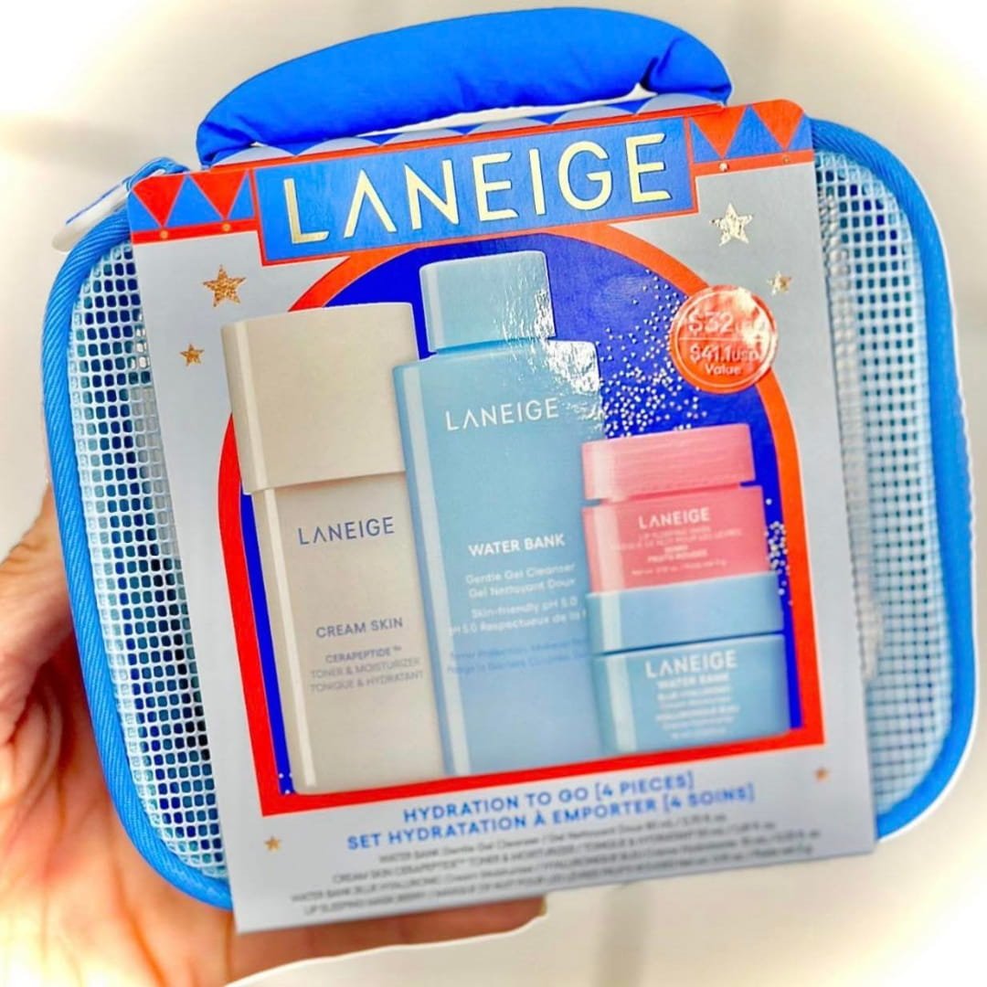 The Laneige Hydration To Go skincare set includes four travel-friendly essentials: Cream Skin Toner & Moisturizer, Water Bank Gentle Gel Cleanser, Lip Sleeping Mask, and Blue Hyaluronic Cream Moisturizer. Perfect for on-the-go hydration.