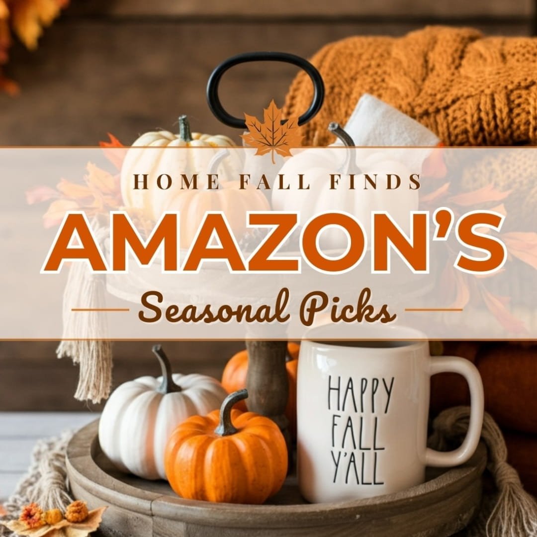 Amazon's fall home decor picks featuring a rustic tray with pumpkins, a cozy blanket, and a festive mug for autumn styling.