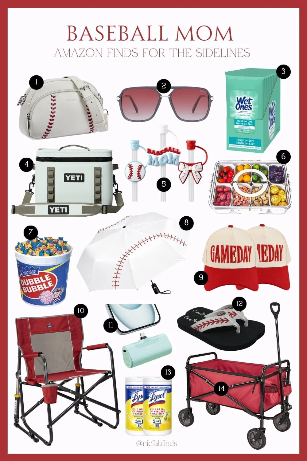 Baseball mom game day essentials graphic with sideline gear including a cooler, snack box, chair, wagon, umbrella, wipes, and baseball-themed accessories