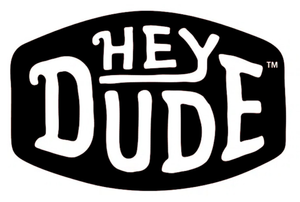 Official Hey Dude logo with HEY stacked above DUDE in bold white letters on a black background.