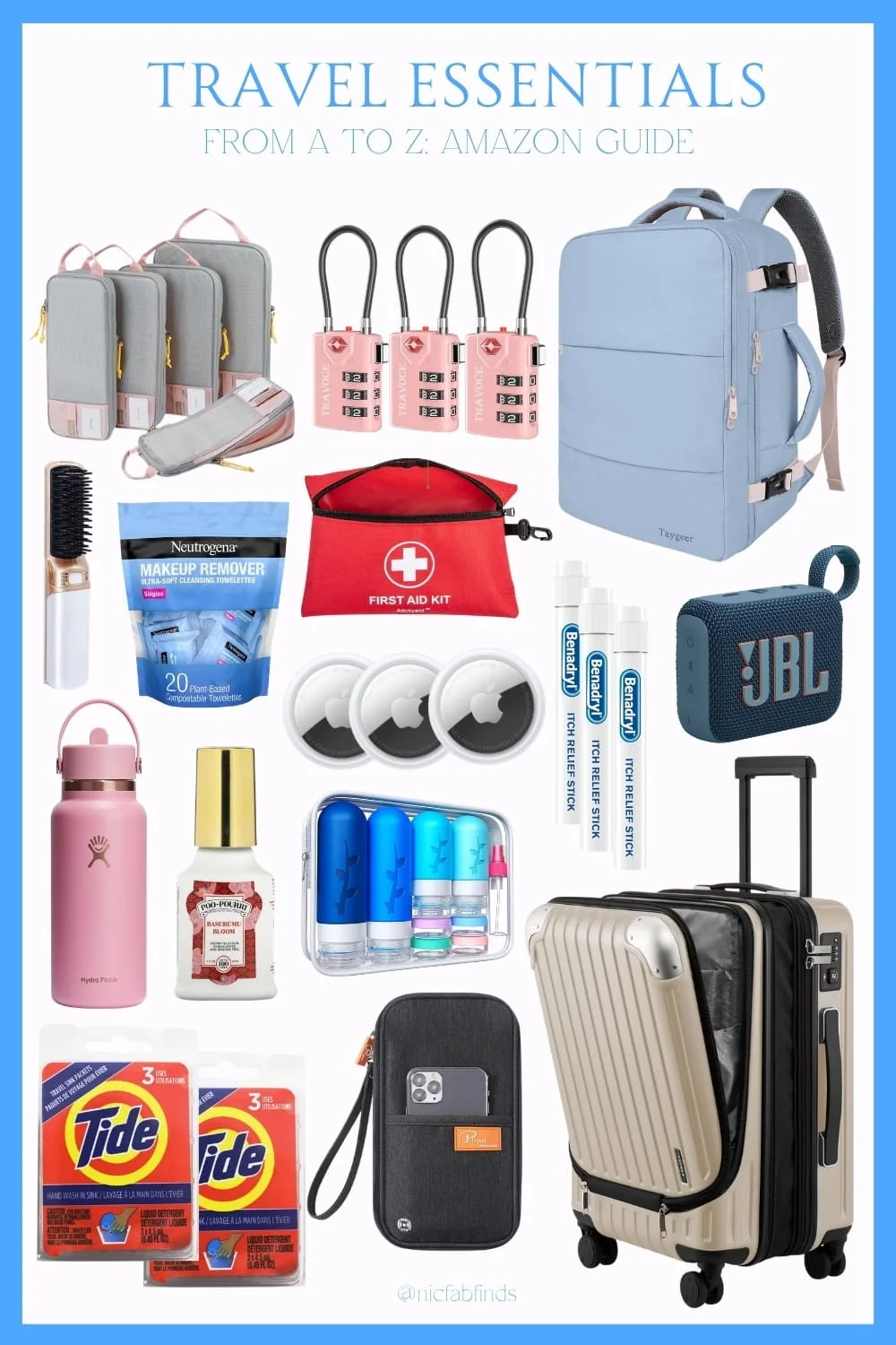 It highlights Amazon travel essentials designed for convenience and organization. Featured items include packing cubes, TSA‑approved locks, a Tayger travel backpack, a compact first aid kit, Neutrogena makeup remover wipes, a hairbrush, Benadryl itch