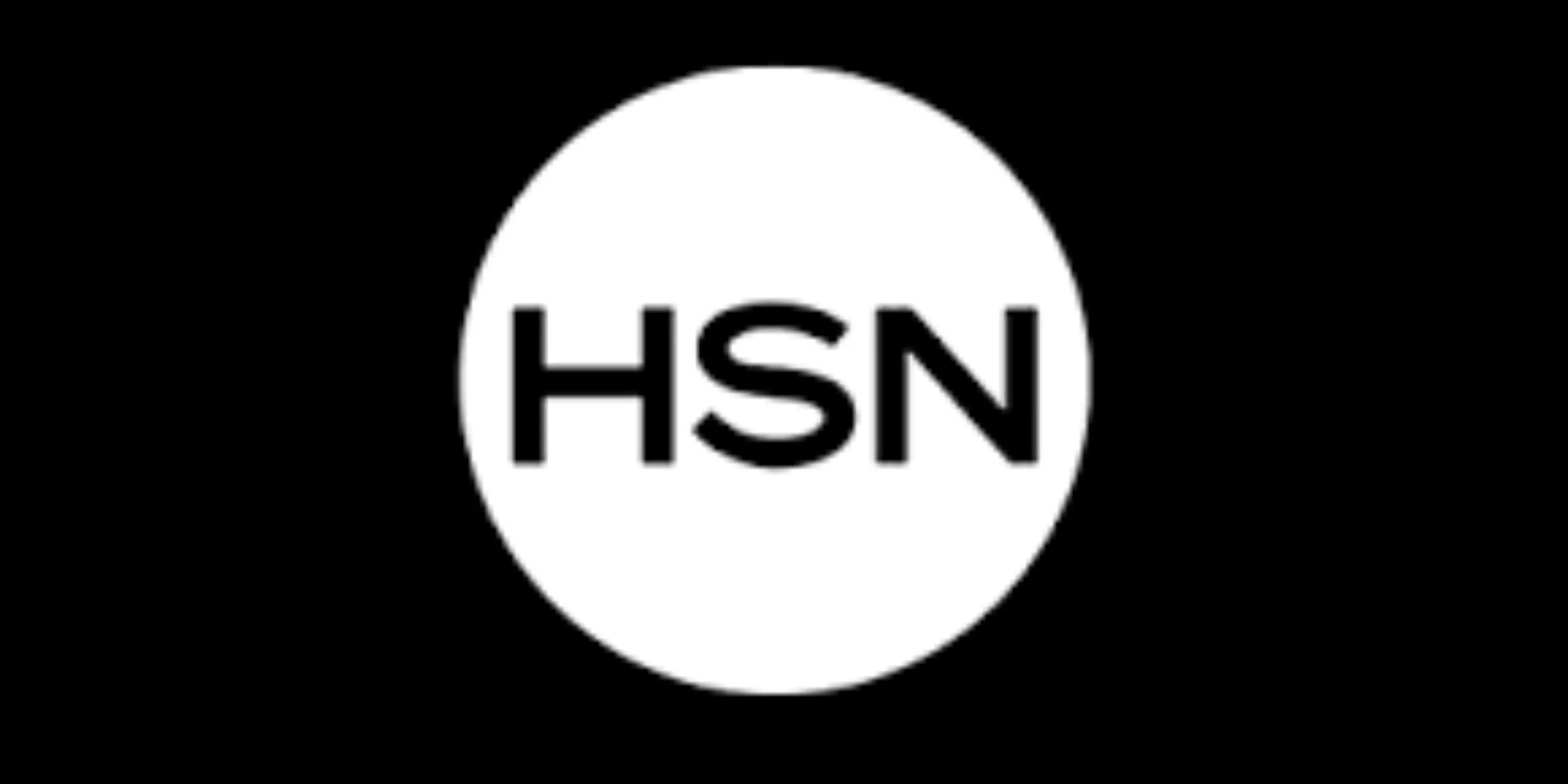HSN logo featuring bold black uppercase letters HSN centered within a white circle, set against a solid black background
