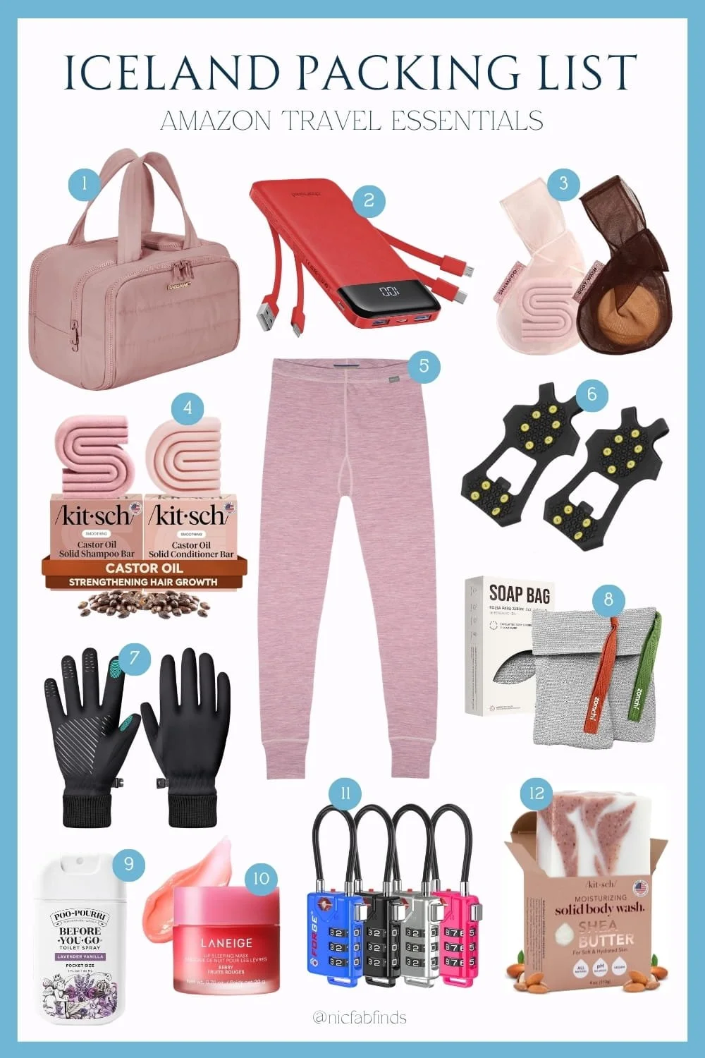 Cold-weather Iceland travel essentials including thermal layers, ice cleats, toiletries, and travel accessories