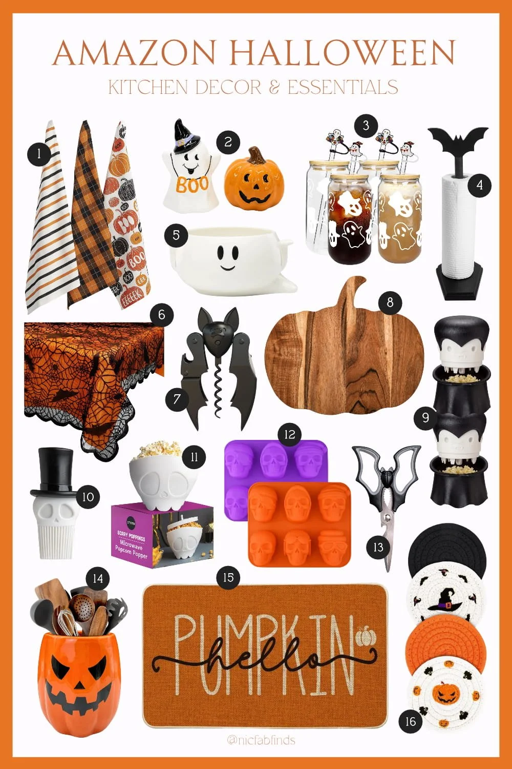 Collage of Amazon Halloween home decor and spooky finds featuring 15 numbered decorations, candles, pillows, signs, and lights