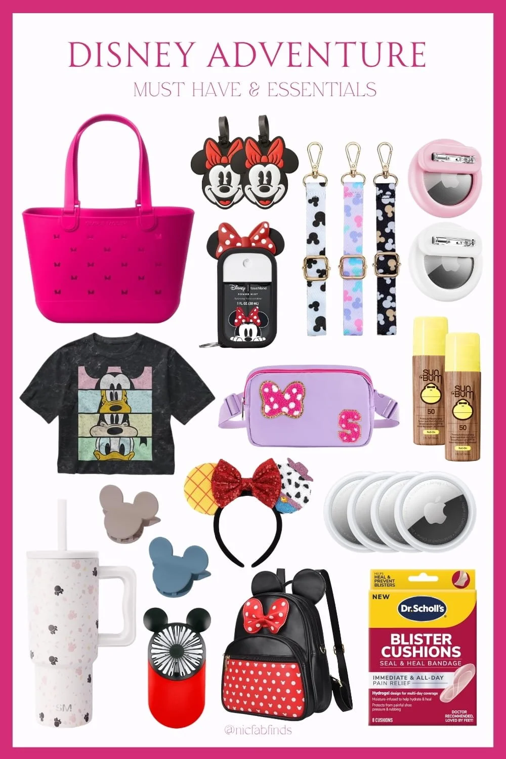 Disney trip essentials: themed bags, Minnie ears, sunscreen, fans, and smart accessories to keep you comfortable, organized, and ready for a magical park day.