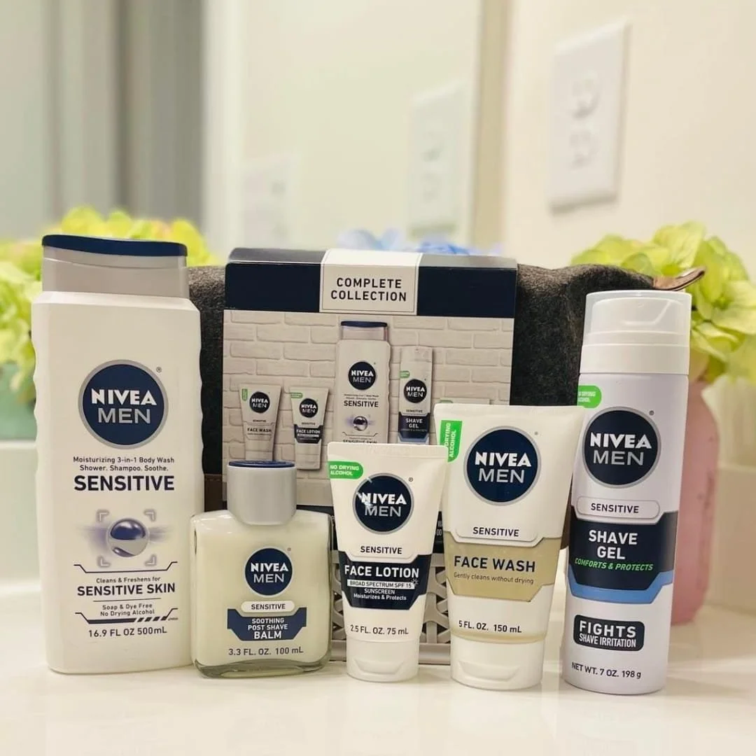 NIVEA MEN Sensitive skin care set with body wash, face wash, shave gel, lotion, and post shave balm