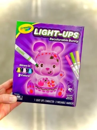 Crayola Light-Ups Recolorable Bunny packaging featuring a glowing pink bunny, three washable markers, and highlights of its reusable and shatter-resistant features.
