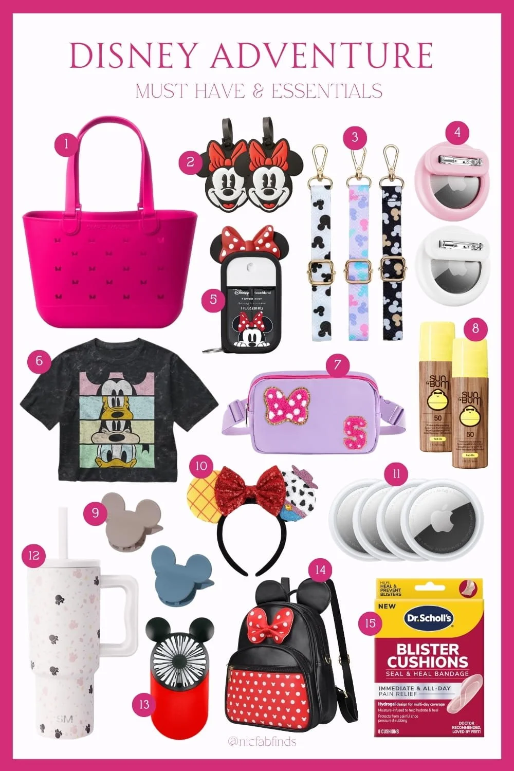 Disney park essentials with themed accessories and travel items including tote bag, sanitizer, sunscreen, tumbler, mini backpack, and blister care