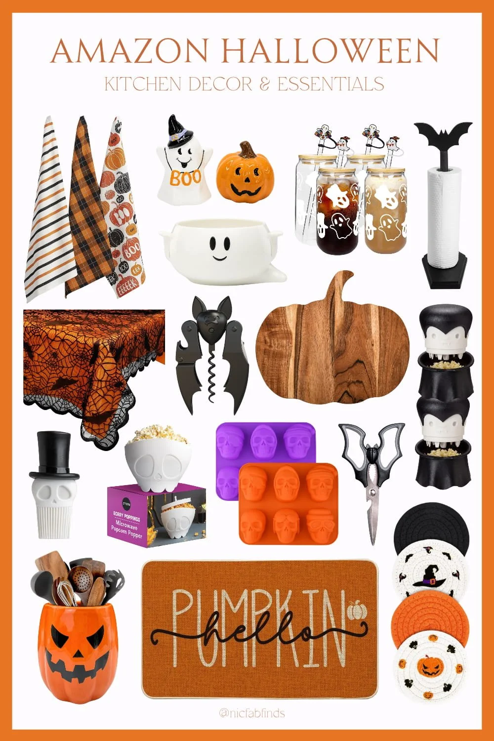 This curated Amazon Halloween kitchen collection graphic showcases a festive and spooky-chic assortment of kitchen decor and cooking essentials. The collage features a wide variety of items designed to bring a fun Halloween vibe to any home, includin