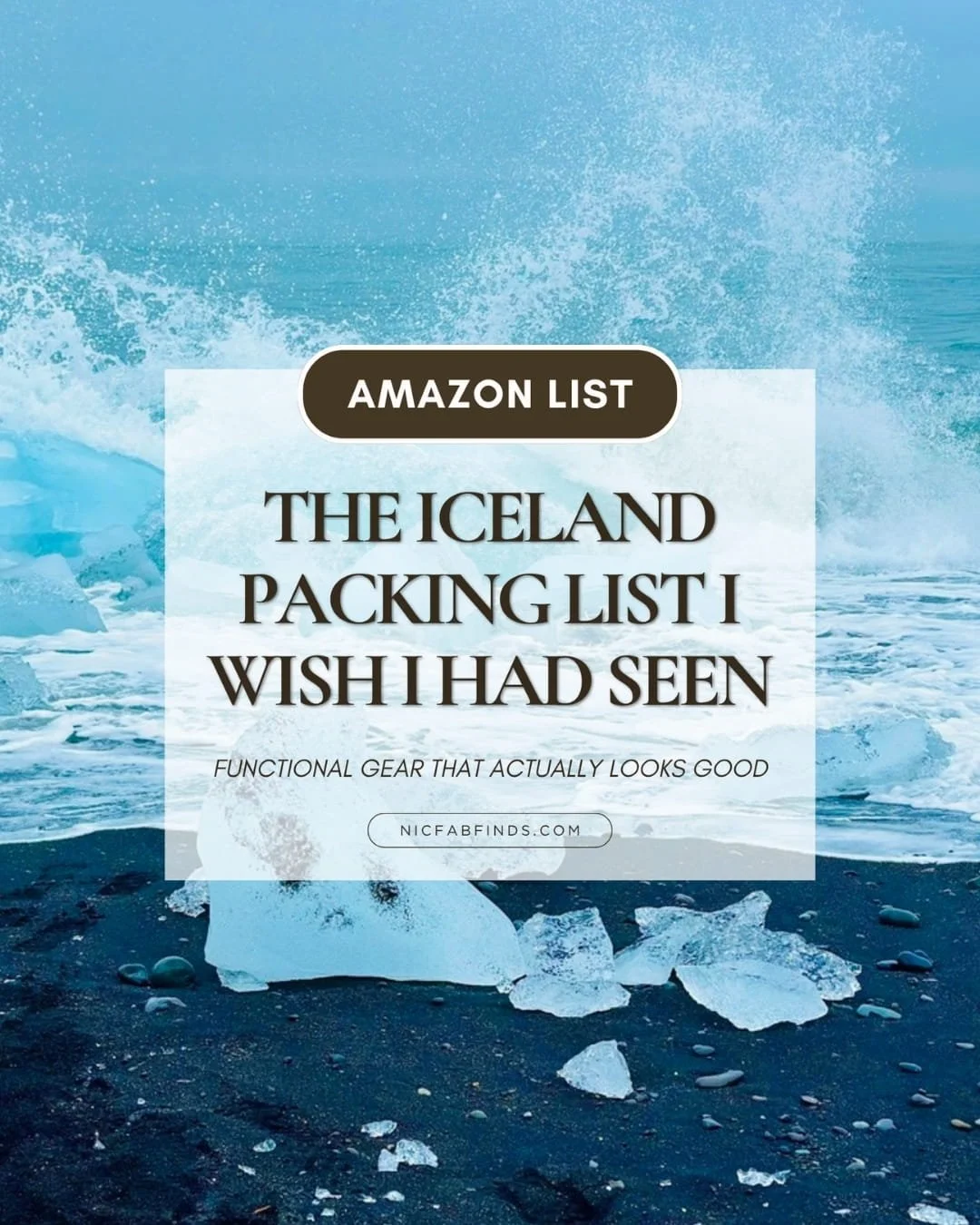Iceland packing list graphic over black sand beach with glacial ice and crashing ocean waves