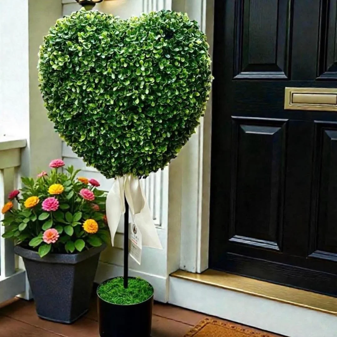 Heart-shaped topiary plant in a black pot with a white ribbon, placed on a wooden porch next to a blooming flower pot and a black front door, creating a welcoming entryway decor.