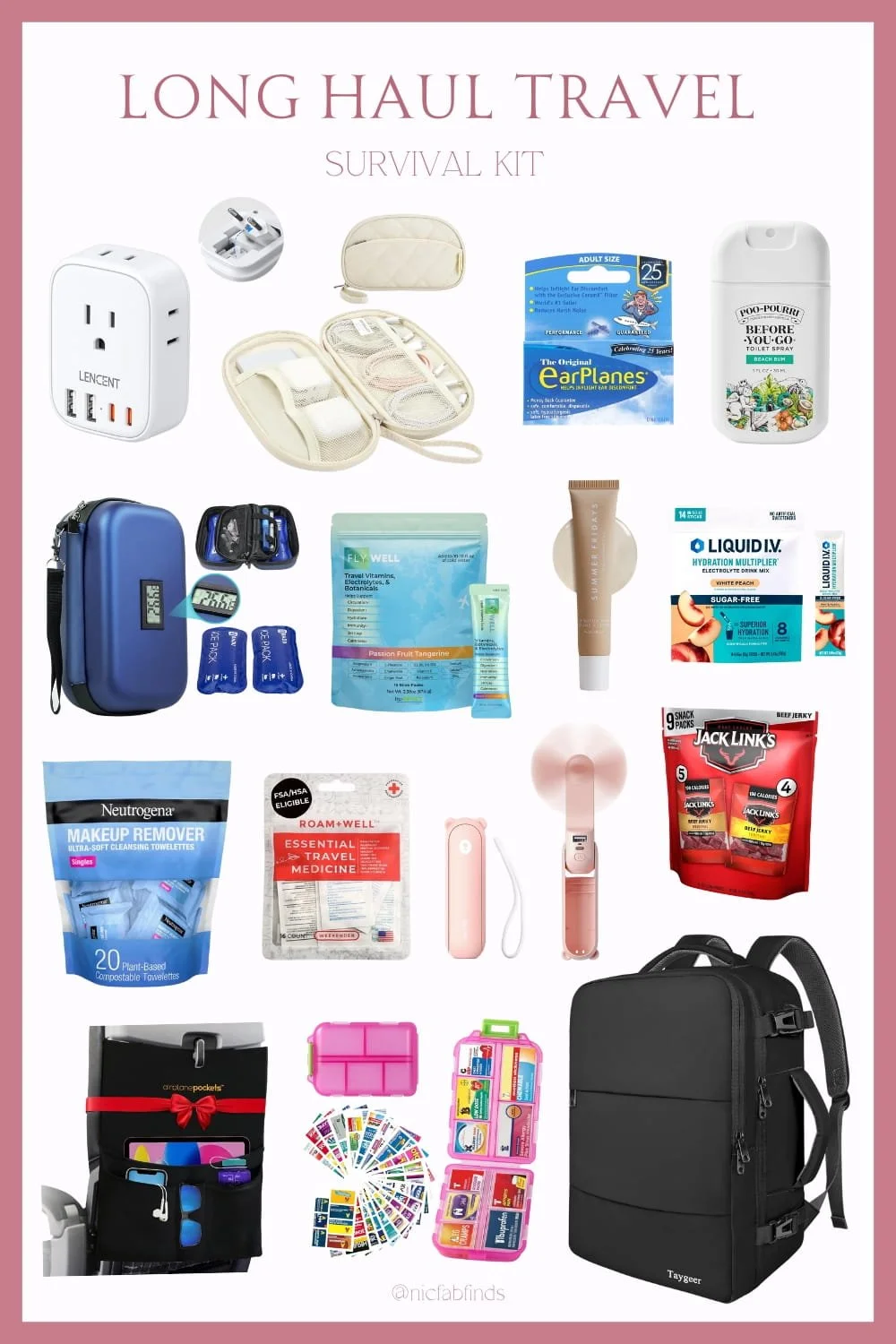 Comprehensive long haul travel survival kit featuring adapters, earplugs, hydration mixes, makeup remover wipes, travel medicine, snacks, and a Taygeer backpack on a pink background.
