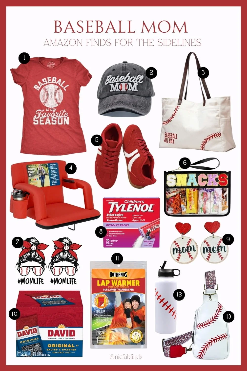 Baseball mom Amazon finds graphic featuring sideline essentials like a baseball tee, cap, stadium chair, snack pouch, lap warmer, water bottle, and crossbody bag