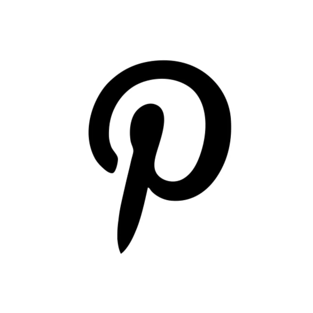 Black Pinterest logo icon featuring a stylized script letter P on a white background, representing the social media platform.
